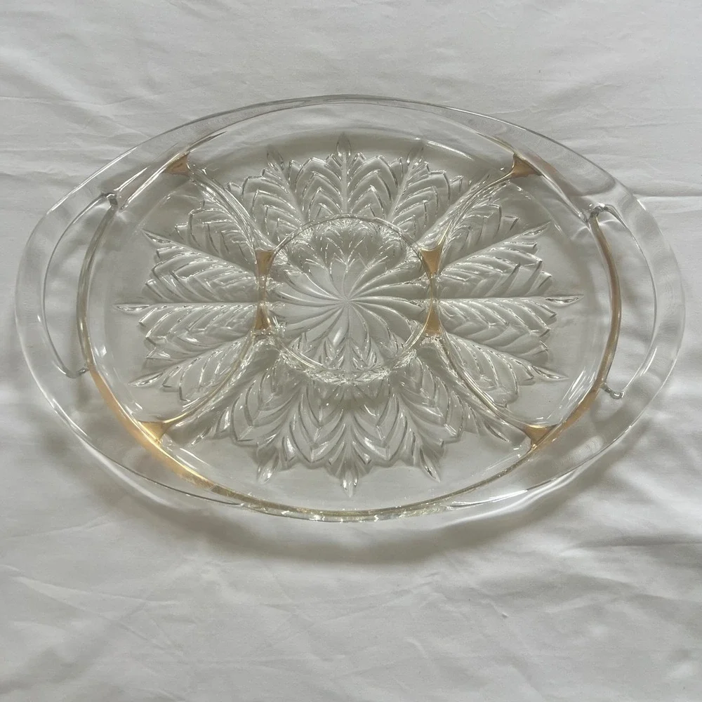 Vintage Clear Pressed Glass Divided Serving Tray Oval Platter Leaf Design 15.5in